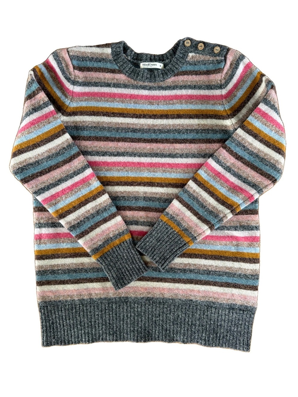 Woolovers Pastel Stripe Lambswool Crew Neck Sweater Medium Buttons